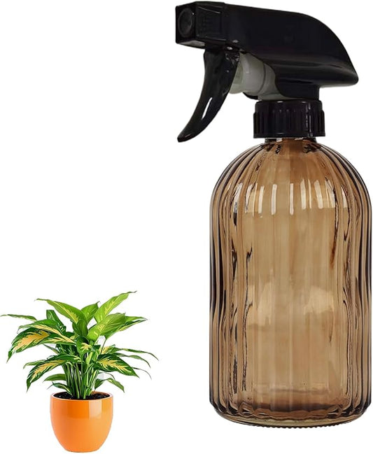 Glass Plant Mister Bottle, 13.5oz Refillable Water Spray Bottle with Adjustable Mist Nozzle for Indoor Flowers, Outdoor Gardening, Cleaning, Hair and Pets Care (Brown)
