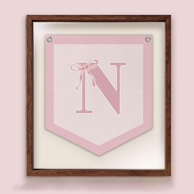 Lacama Initial Personalized Preppy Banner, Baby Girl Nursery Shower Decor Gifts, Coquette Pink Bow Teen Girl Gifts, Vintage Room Decor Toddler Room Bedroom Playroom Front Door Birthday Gift(N)