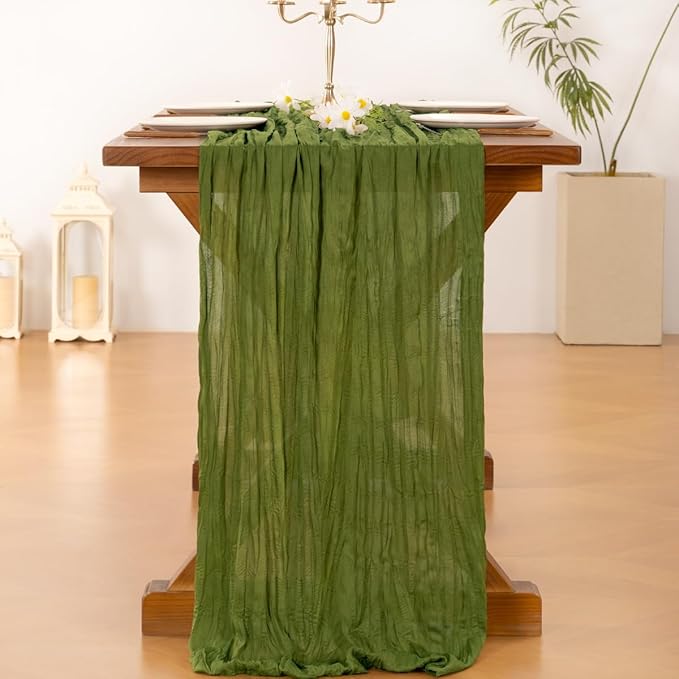 Socomi 3pcs Olive Green Valentine's Day Cheesecloth Table Runner Boho Rustic Gauze 120 inch 10FT Cheese Cloth Runner for Wedding Party Baby Shower Birthday Home Decor Holiday Decorations