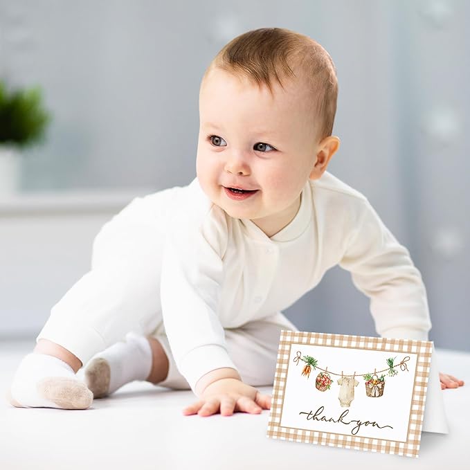 Whaline 24 Pack Baby Shower Thank You Cards Brown Plaid Vegetable Greeting Cards with Envelopes Stickers Cute Blank Note Card for Party Supplies, 4 x 6 Inch