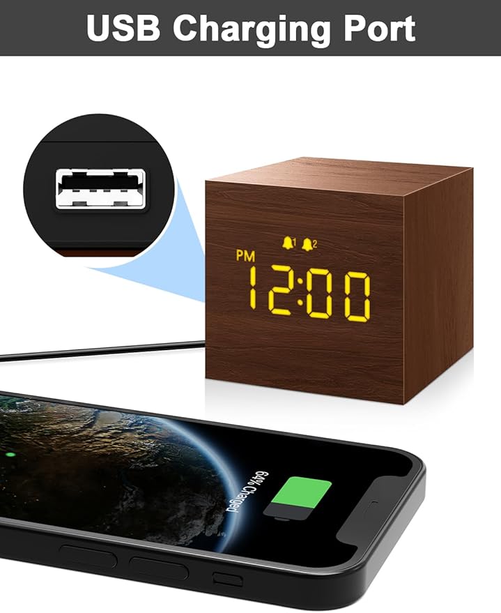 Digital Alarm Clock, with Wooden Electronic LED Time Display, 3 Alarm, 2.5-inch Cubic Small Mini Wood Made Electric Clocks for Bedroom, Bedside, Desk, Brown