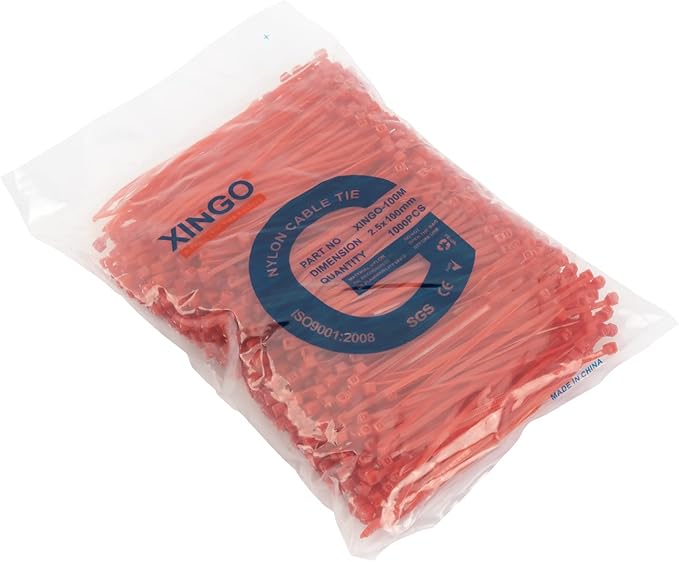 XINGO 1000 PCS 4 inch Cable Zip Ties, 18lb Strength, Small Tie Wraps Self-Locking Nylon Zip Ties for Indoor and Outdoor Use (Red)