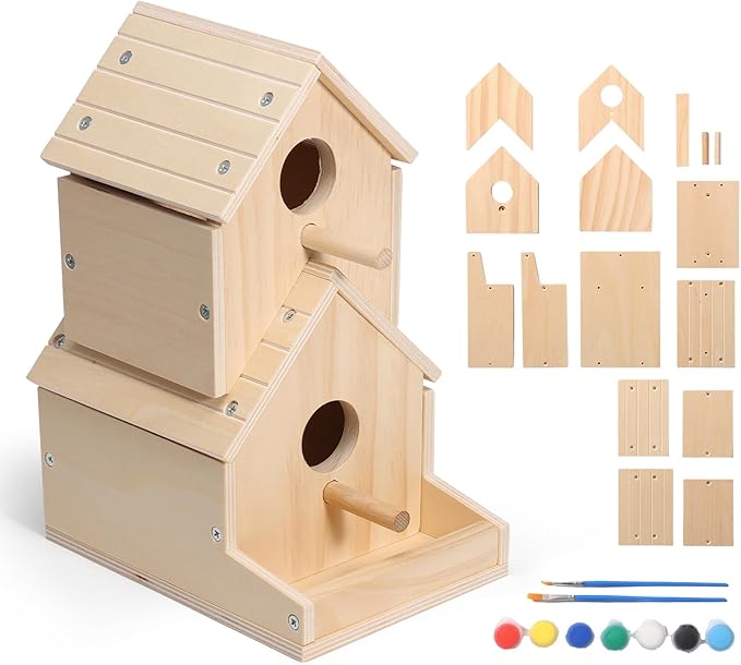 SainSmart Jr. Bird House 2-Story, Wooden Birdhouse Kids Woodworking Kit with Brushes and Paint - DIY Woodcraft Building Projects for Kids and Adults - STEM Teaching Tools, Ideal Gift for Boys & Girls