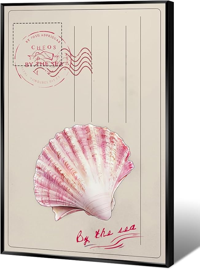 Metal Black Frame Vintage Watercolor Ocean Beach Coastal Pink Seashell Postcard Preppy Canvas Wall Art Cheos By The Sea Print Painting Poster Aesthetics Pictures Boho Decor for Living Room 20x30inch