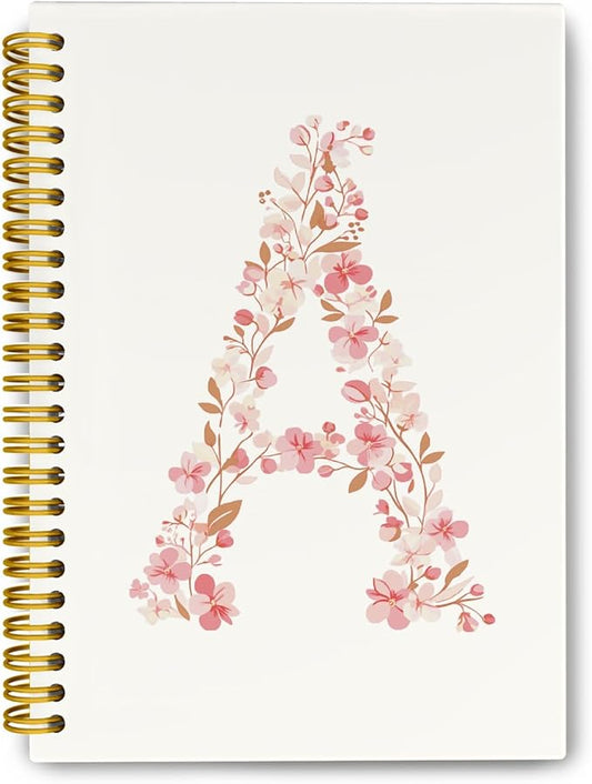 Pink Cute Spiral Notebook Journal, Preppy Floral Initial Letter A Personalized Journaling Notebooks, Monogrammed Gifts for Women Girls, Botanical Hardcover Spiral Lined Notebook 5.5 x 8.3