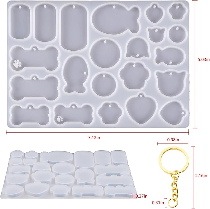 SAGOOITS Pet Tag Resin Mold Silicone,with Letter Resin Stickers and 10Pcs Keychains,Dog Tag Molds for Resin, Bone Cat Shaped Keychain Silicone Resin Molds DIY Crafts Making Tag Charm Pendant