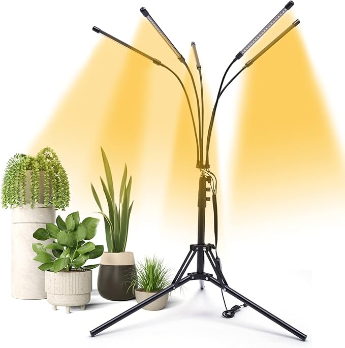 5-Head LED Grow Light with Tripod & Clip - 3 Lighting Modes, 4/8/12H Timer, 15.7-63in Adjustable Height, Full Spectrum for Indoor Plants/Greenhouse/Flower Cultivation (US Plug)