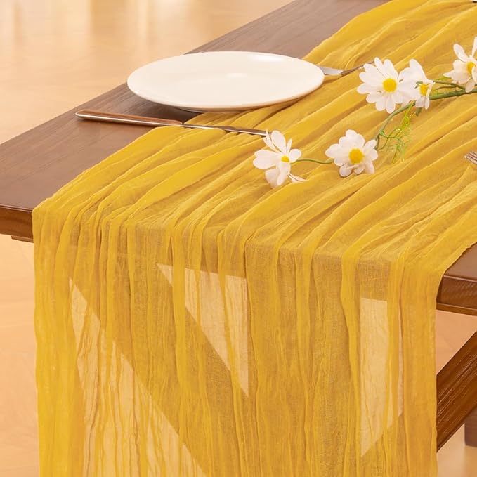 Socomi 6pcs Gold Yellow Valentine's Day Cheesecloth Table Runner Boho Rustic Gauze 120 inch 10FT Cheese Cloth Runner for Wedding Party Baby Shower Birthday Home Decor Holiday Decorations