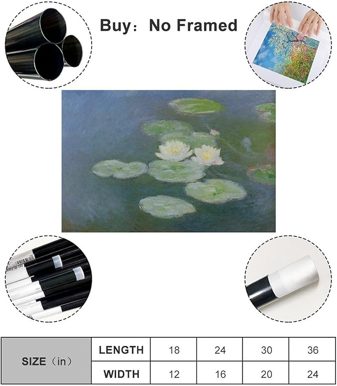 40+ Monet Famous Print Posters Water Lilies, Evening Effect by Claude Monet Impressionism Canvas Posters Print Wall Art Bedroom Office Room Decor Gift Unframe 24×36inch(60×90cm)