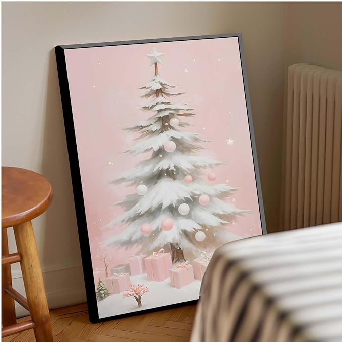 Framed Canvas Wall Art Pink Christmas Tree Wall Art Print Holiday Poster Trendy Christmas Decor 8x12in Metal blackFramed
