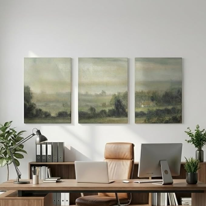 3 Pcs Framed Vintage Landscape Wall Art Landscape Green Forest Prints Nature Countryside Painting Poster Pastoral Rustic Farmhouse Wall Decor for Living Room Bedroom 12x16 inch Ready to Hang