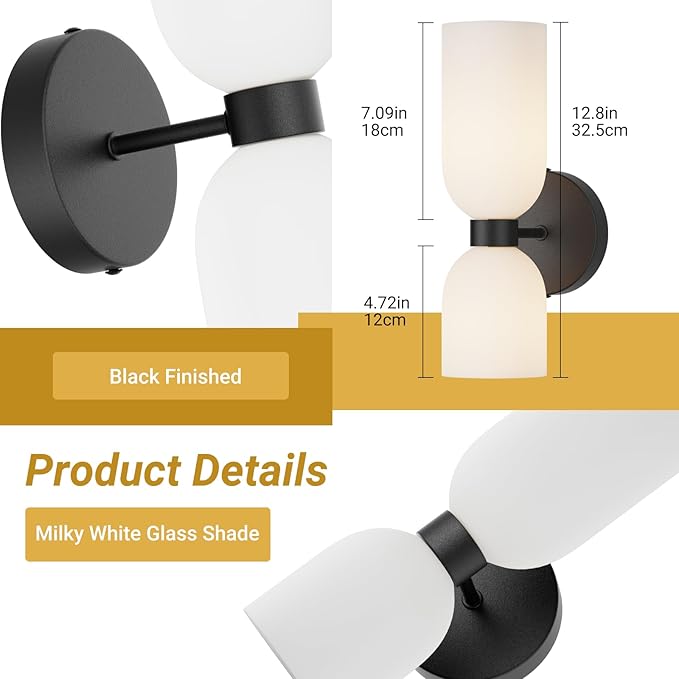 Tipace Black Wall Sconces Set of Two,Modern Bathroom Sconce with Milky White Glass,Hardwired Wall Light Fixtures for Bathroom Living Room Bedroom Hallway,E12 Base(Bulbs Not Included)