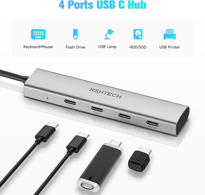 RSHTECH USB C Hub 10Gbps 4-Port USB 3.2 Gen 2 Dongle, Portable USB-C Multiport Adapter for Thunderbolt/Type C Laptop and More, Gray (RX04)