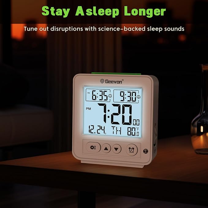 Geevon Smart Night Light Small Digital Alarm Clock with 2 Increasing Beep Alarm, Indoor Temperature, Battery Operated Travel Clock for Bedroom, Bedside, Desk(White)