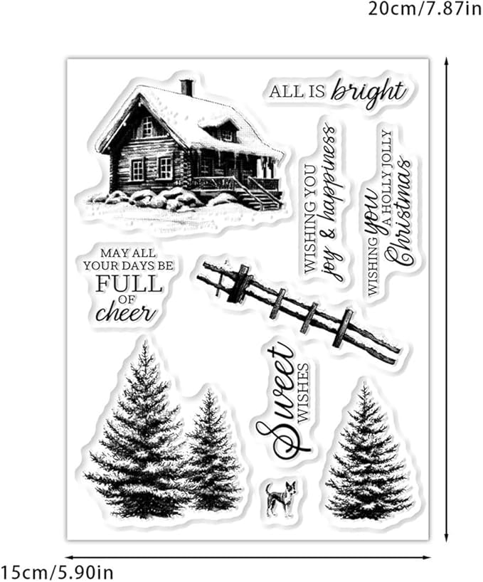 Christmas Snow House Pine Tree Stamps and Cutting Dies for Card Making DIY Transparent Silicone Clear Stamp and Metal Die Cuts Sets for Scrapbooking Paper Greeting Cards Decor Seals Craft Supplies