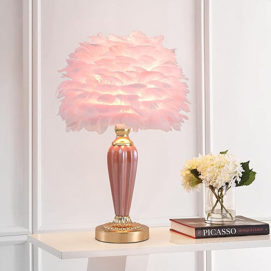 Pink Feather Lamp Creative Bedside Lamp Feather Table Lamp Cute Furry Goose Nightstand Light for Girl Bedroom Wedding Decor Living Room Hotel Office Valentines Dating Gift