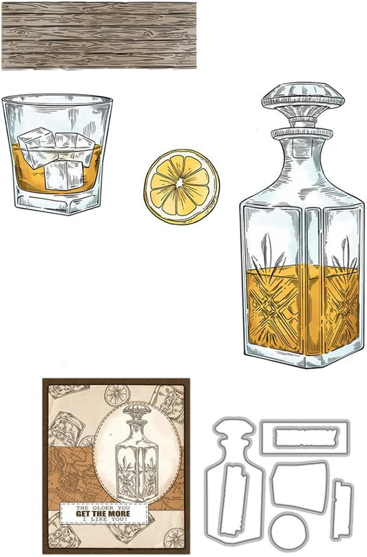 Wine Bottle Cup Stamps and Cutting Dies for Card Making DIY Transparent Silicone Clear Stamp and Metal Die Cuts Sets for Scrapbooking Paper Greeting Cards Decor Seals Craft Supplies