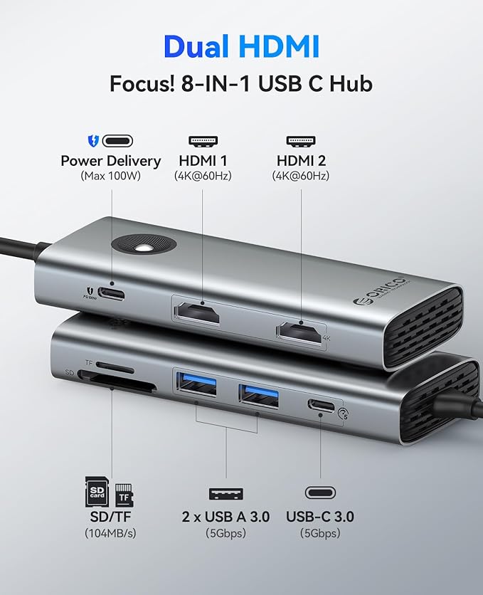 ORICO USB C Docking Station Dual Monitor, 8-in-1 USB C Hub with 2 HDMI 4K@60Hz Ports, 100W PD Charging, USB-A&C 3.0, SD/TF for Laptop MacBook Dell PW11-8PH