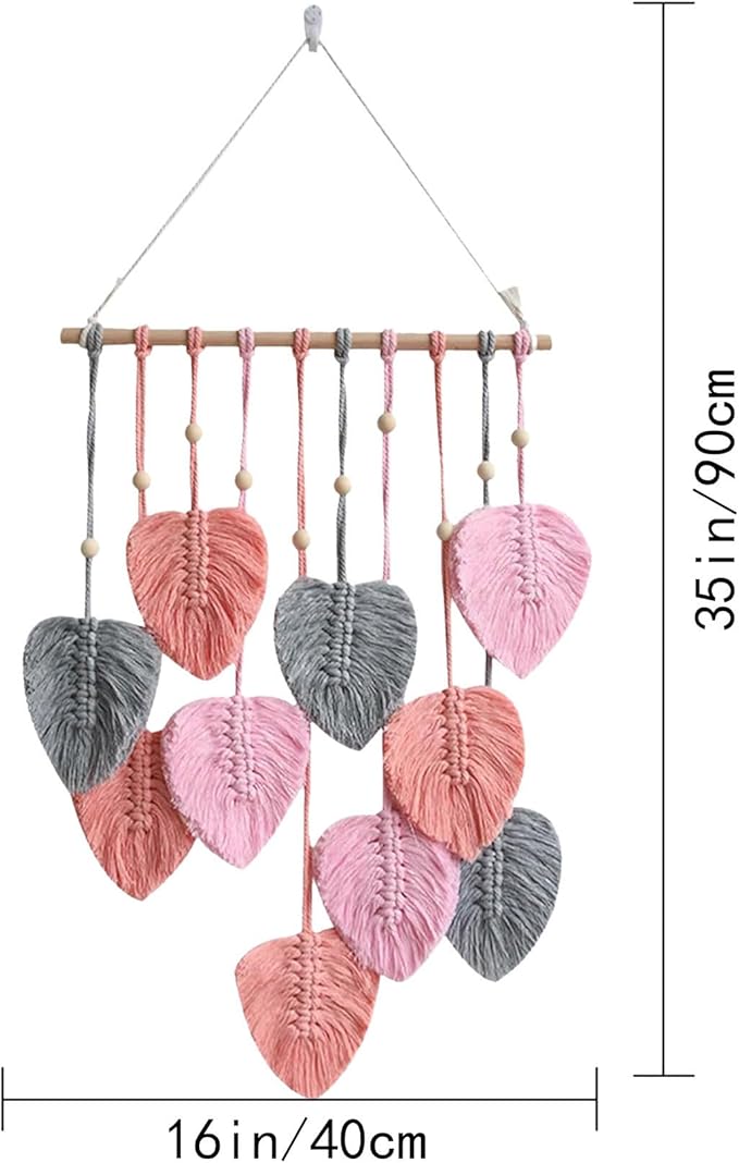 LB Macrame Wall Hanging Decor, Boho Chic Feather Wall Decor Macrame Photo Wall Hanging Handmade Yarn Woven Wall Art Pink Leaf Tapestry for Bedroom Living Room Nursery Office Backdrop, 16x35 Inch