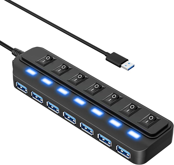 USB Hub 7 Port,USB 3.0 Hub Splitter with Individual On/Off LED Switches, USB Hub for PC, 5Gbps HighSpeed Data for Laptop, Mac, PC, Desktop, PS5, Xbox and More