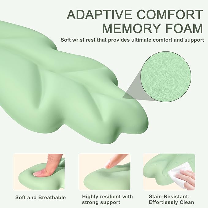 Ergonomic Leaf Keyboard and Mouse Wrist Rest Set, Extra Wide & Thick Memory Foam for Carpal Tunnel Pain Relief, Non-Slip Base, PC/Mac/Laptop, Gift for Office Work, Gaming