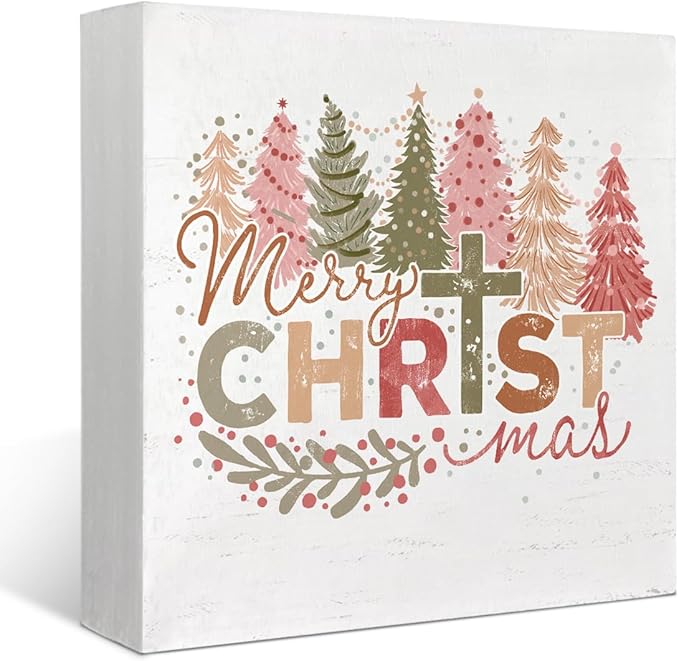 Pink Christmas Trees Wooden Box Sign，Merry Christmas Sign，Farmhouse Rustic Wood Block Plaque for Home Desk, Christmas Office Decorations for Work Desk, Christmas Gifts for Women Funny 5x5