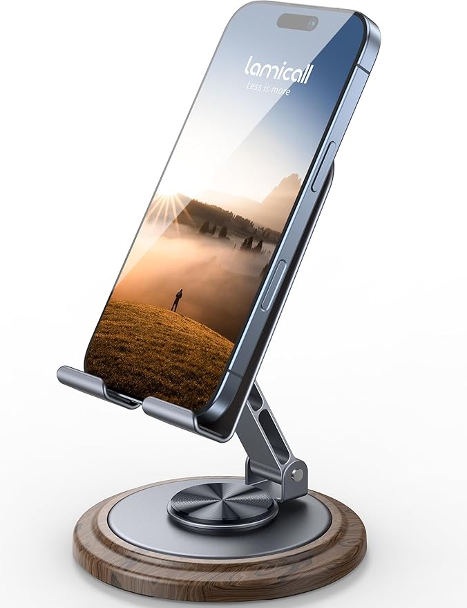Lamicall Grey Phone Holder, Desk Accessories - Simulated Wood Grain Cell Phone Holder, Office Decor for Women, Stocking Stuffers for Teen Boys Girls, 4-10” Phones, iPad mini, Gifts for Christmas