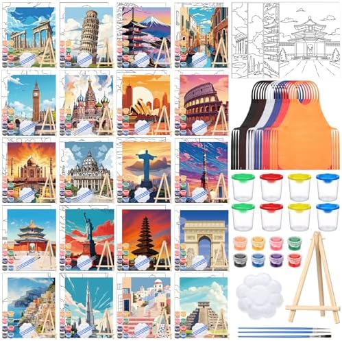 Sherr 140 Pcs 20 Set Pre Drawn Canvas Painting Kit, Landmarks by Sherr
