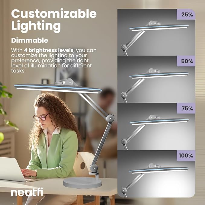 Neatfi XL 2,200 Lumens LED Task Lamp, 24W, 117 Pcs SMD LED, 23 Inches Ultra Wide Lamp, 4 Level Brightness Dimmable, Eye-Caring Light, Glare Free (Non-CCT with Base, Silver)