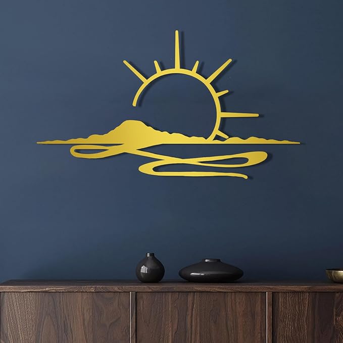 Metal Wall Art Sunrise, Metal Wall Art Sunset, Minimalist Line Art, Sunrise Or Sunset Decor For Living Room, Bedroom, Outdoor, Housewarming Gift (Gold, 69 x 39 inches / 175 x 99 cm, metal wall art)