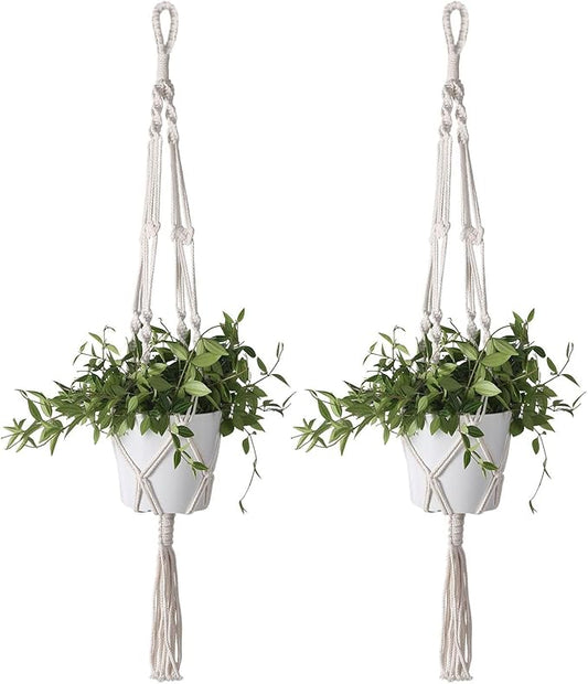 Flexzion 2 Pack White Macrame Plant Hanger - 41 Inch Macrame Hanging Planter with C & S Hooks - Indoor Hanging Plant Holder with Woven Cotton Rope for Home Decor (Plant Pot Not Included)