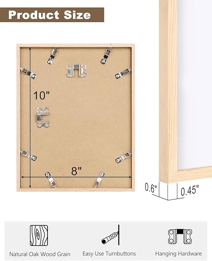 KINLINK 8x10 Frame Natural Oak Wood Frame with Acrylic Plexiglass, 1 Pack