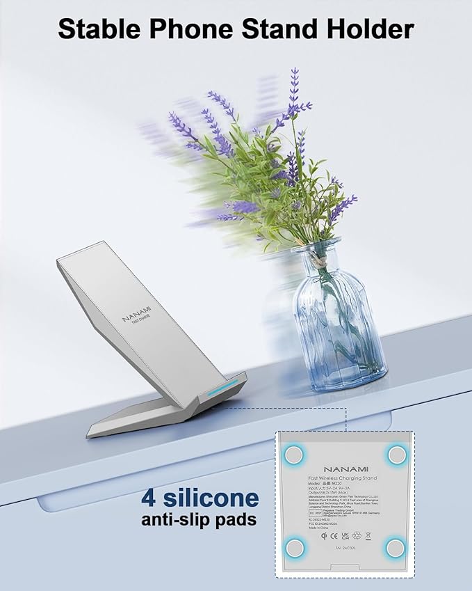 NANAMI Fast Wireless Charger, Qi Certified Charging Stand[with 20W PD Adapter] 7.5W Compatible with iPhone 17/17 Air/16/15/14/13/1,10W for Samsung Galaxy S25/S25 Ultra/S24/S23/S22/S21/S20/S10/Note 20