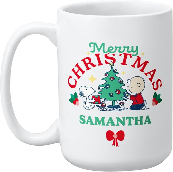 Let's Make Memories Personalized Mug - PEANUTS Character Collection - Christmas Holiday Stocking Stuffer - Microwave and Dishwasher Safe - Snoopy and Charlie Brown - 15 oz.