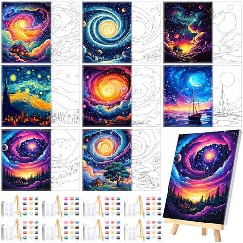 Humyoun 8 Sets 8" x 10" Starry Sky Pre Drawn Canvas to Paint for Sip and Paint Party Starry Sky Predrawn Coloring Set Pre Sketched Canvas Boards with Paints and Brushes for Adult by Humyoun
