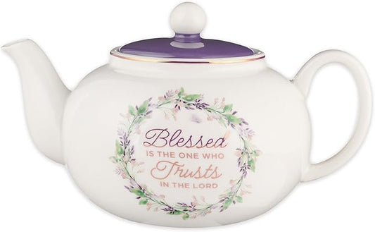Christian Art Gifts Large Ceramic Cute Inspirational Scripture Teapot for Women: Blessed Encouraging Gold Bible Verse for Home & Kitchen, Easy-Pour Lead & Cadmium-free, White & Purple Floral, 34 oz.
