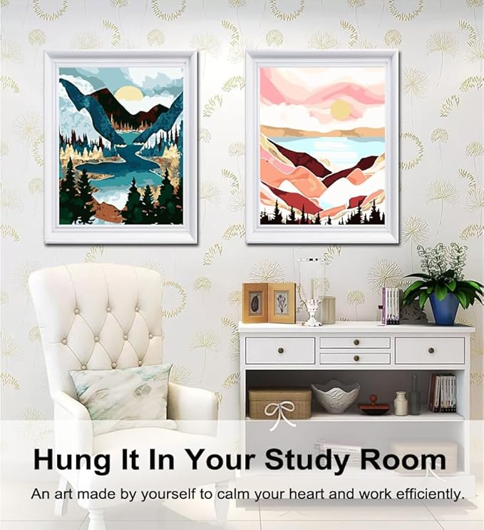 BAISITE Paint by Numbers Kit for Adults Beginners,12" Wx16 L 2 Pack Canvas for Painting Kits for Adults in Colorful Box-Sunset Lake Mountains 1112-DIY Frame