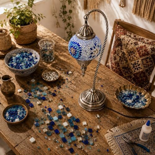 KRAFTSTORIES Turkish Mosaic Swan Neck Lamp Making Kit| DIY Colorful Glass Decorative Nightstand Table Light| Craft Kit |Make Your Own Lamp | Living Room Bedroom | Antique Bronze Base (Blue) - Image 2