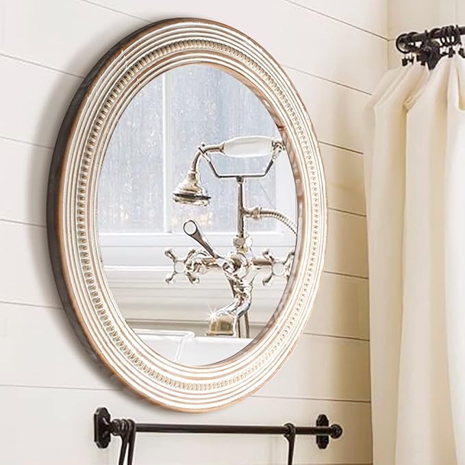 24 Inches Farmhouse Round Wooden Mirrors for Wall Decor, Rustic Decorative Circle Mirror for Home, Office, Bedroom, Bathroom, Living Room, Entryway - Housewarming Gift