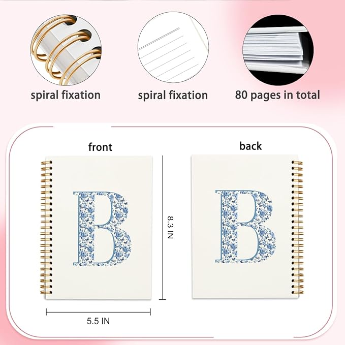 Blue Cute Initial Notebook Journal Diary Libretas Escolares B, Preppy Cute Aesthetic Personalized Notebook Gifts for Women Teen Girls Kids,Preppy Blue Aesthetic School Supplies for Girls 5.5x8.3