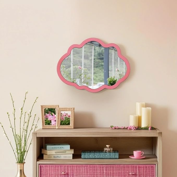 Rustic Pink Cloud Mirror 12 X 16 Inch, Hanging Handmade Distressed Finish Wood Frame Small Nursery Mirrors for Wall Girl, Cute Decorative Mirrors for Wall Decor Living Room Bedroom Entryway