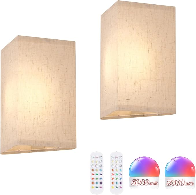 Adhesive Battery Operated Wall Sconce Set of 2, 5000 mAh Battery Rechargeable Bulb with 12 RGB Colors, Stick on Wall Sconce No Drill Wall Lights, Linen