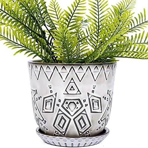 VanEnjoy 5.9 inch Round Bohemian Style Ceramic Planter, Geometry Engrave Off White Brown Succulent Planter Flower Pot, Indoor Outdoor Decorative Planter by VanEnjoy