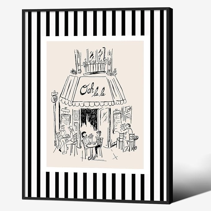 Black and White Stripe Sketch Wall Art French Paris Cafe Aesthetic Poster Funky Minimalist Canvas Prints 08x10 inch Black Framed for Kitchen Coffee Bedroom Wall Decor