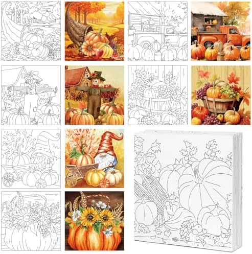 Honoson 6 Pcs 6 Inch Pre Drawn Outline Canvas Paint Kit with Pictures for Adults Paint Party Stretched Canvas Art Boards Set for Adult Beginner (Autumn Style) by Honoson