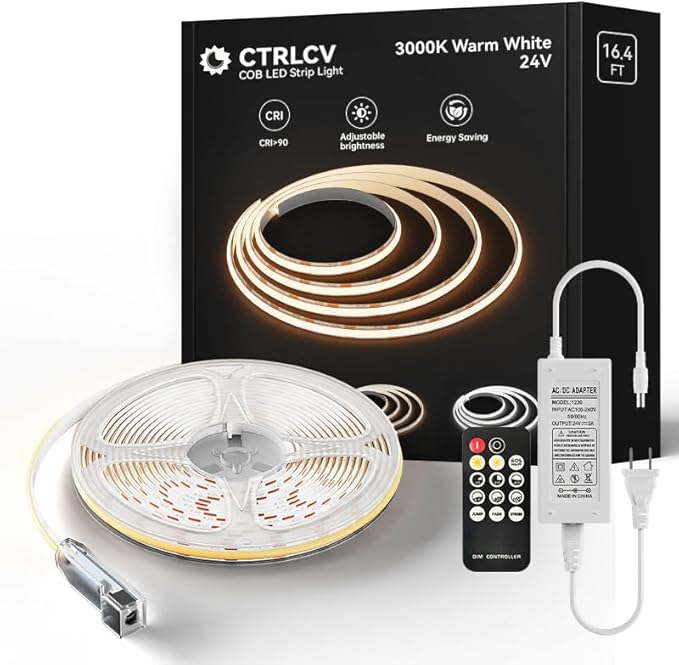 CtrlCV COB 24V LED Strip Light, Adjustable Brightness Strip Light, 16.4ft, CRI90+, DC Connector, for DIY Home Lighting, Living Room, Bedroom (with 18-Key IR Remote Control, Adapter) (3000K, 16.4ft)