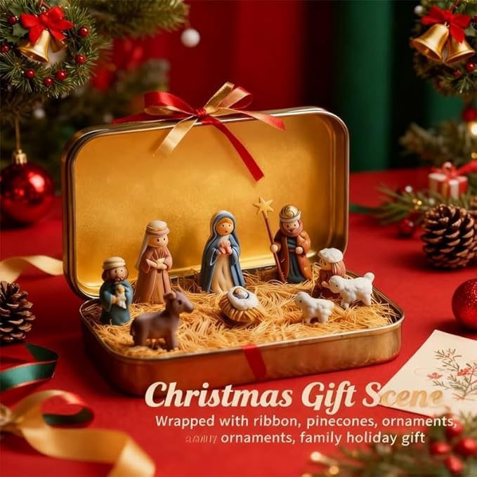 Mini Christmas Nativity Set in a Tin Box, Handcrafted Pocket Bethlehem Scene, Portable Holy Family Display, Small Religious Ornament, for Desk, Shelf, Office