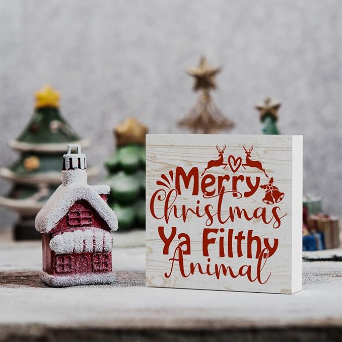 Home Alone Decor Winter Merry Christmas Ya Filthy Animal Tree Wood Box Sign, Farmhouse Christmas Santa Artwork Decor, Wood Square Sign Desk Block Signs Home Shelf Office Decoration 5 x 5 Inches