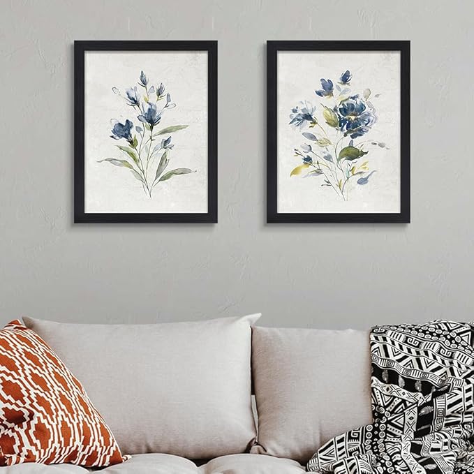 JOWOROLO Botanical Prints Wildflower Prints Blue Floral Wall Art - Set of 2-12x16 -Framed