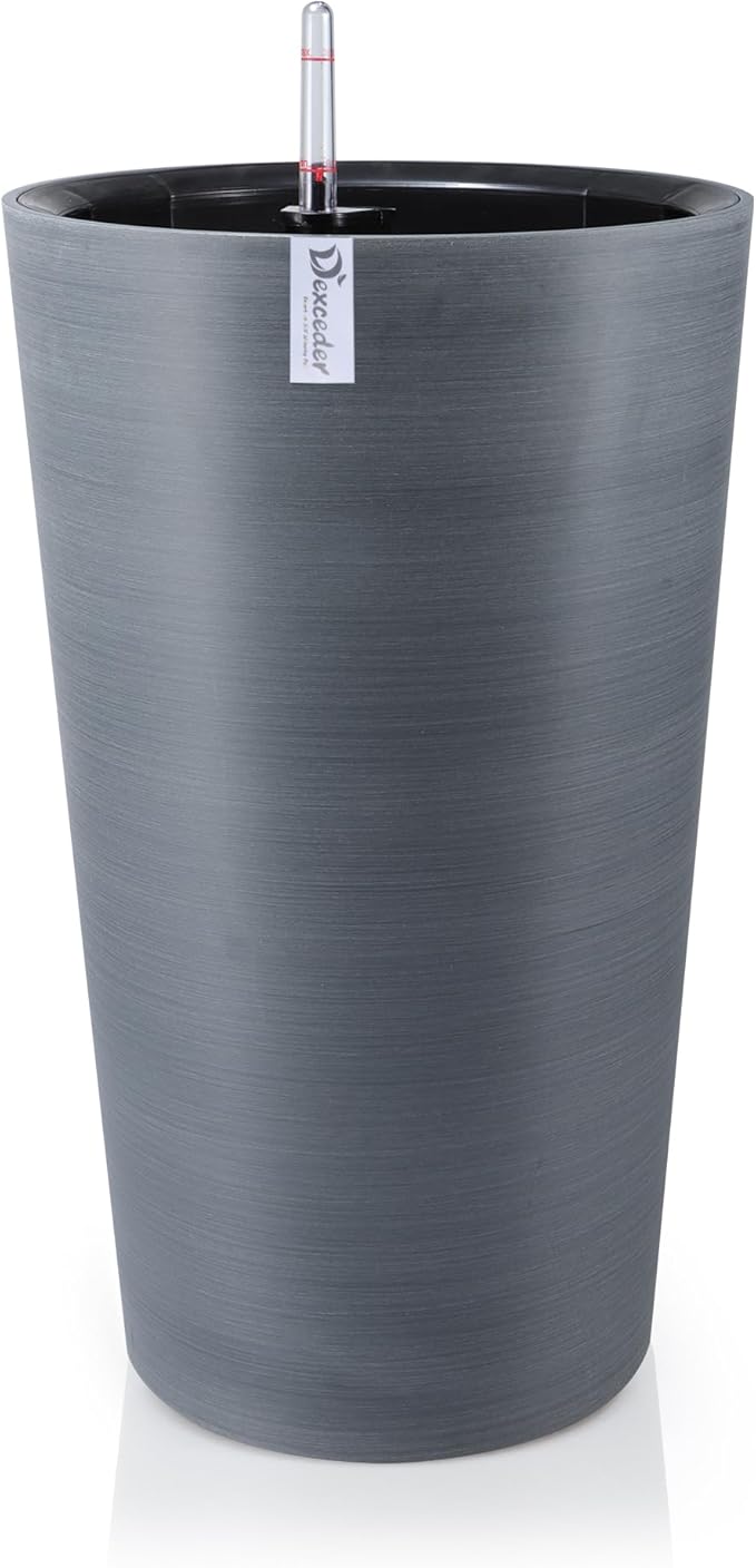 Dexceder 22x13 Tall Self Watering Planter High Cylinder Indoor Outdoor, Thickened Large Floor Standing Flower Plant Pot with Water Level Indicator (Gray, Wire Drawing)